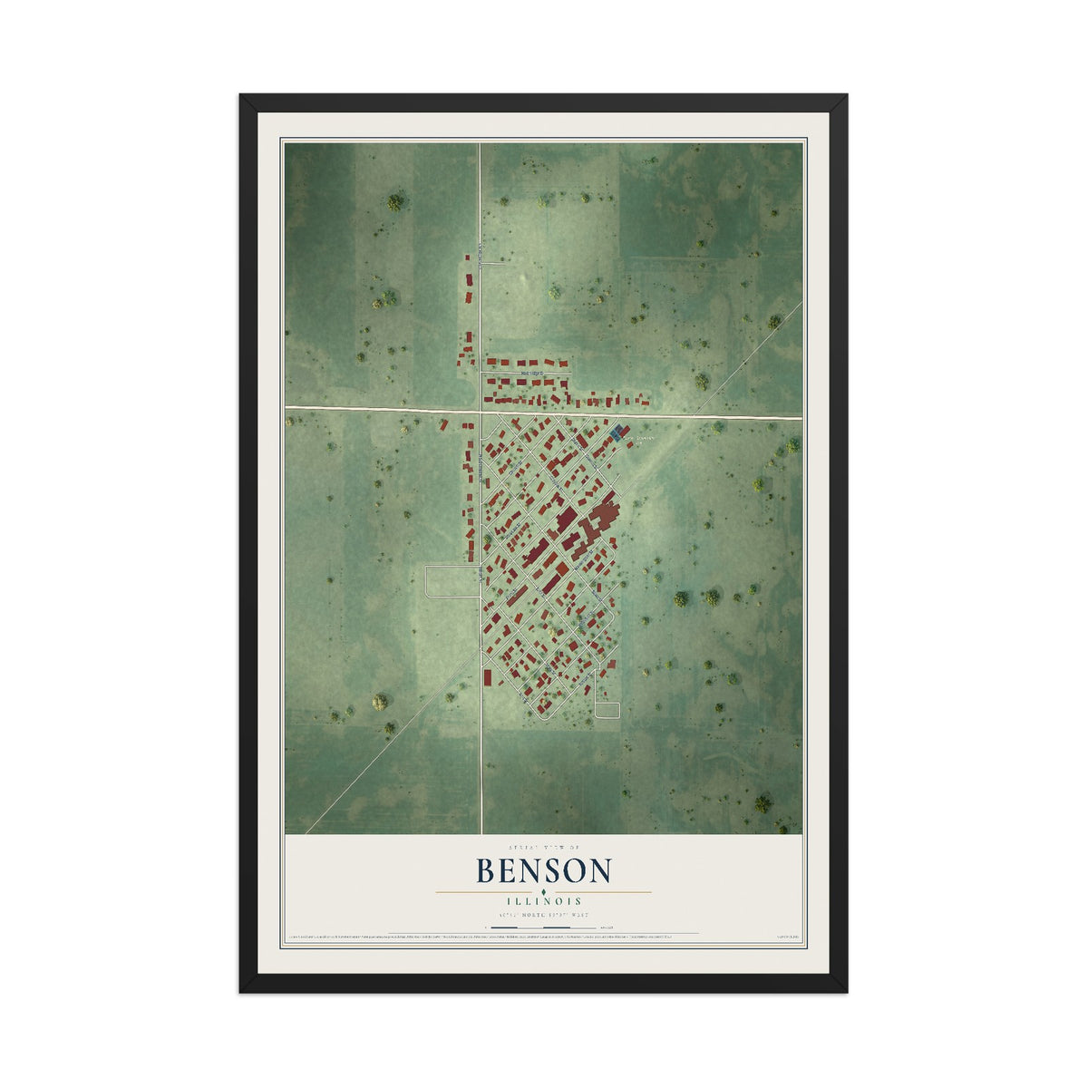 Map of Benson, Illinois, 12 x 18 inch print in a black wood frame