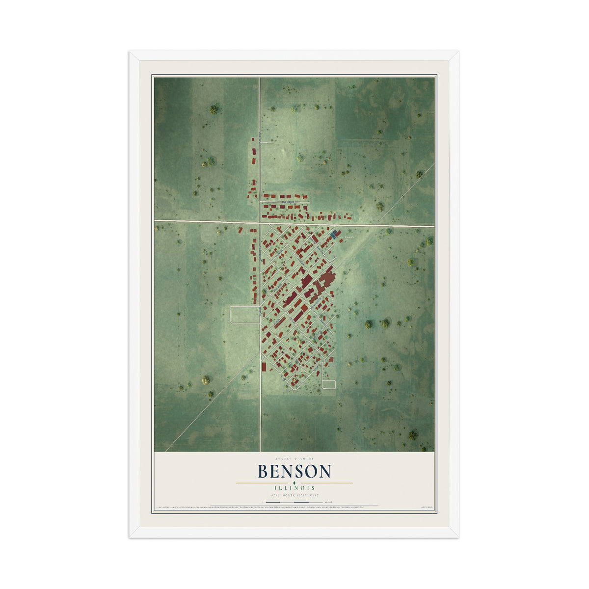 Map of Benson, Illinois, 12 x 18 inch print in a white wood frame
