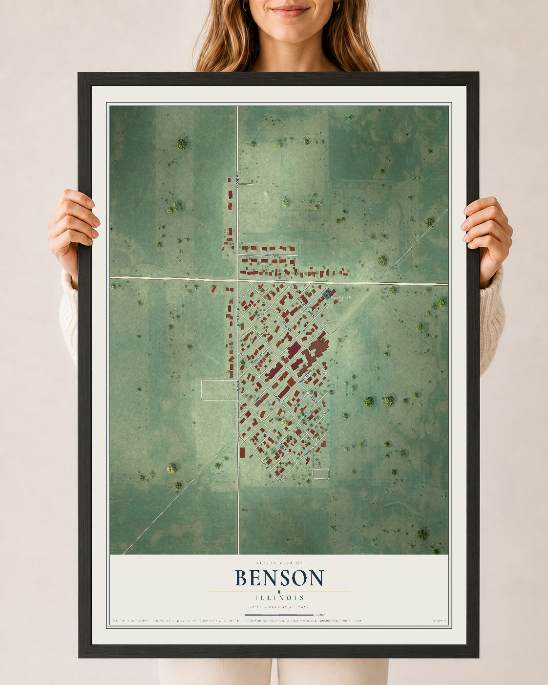 Map of Benson, Illinois, 24 x 36 inch print in a black wood frame