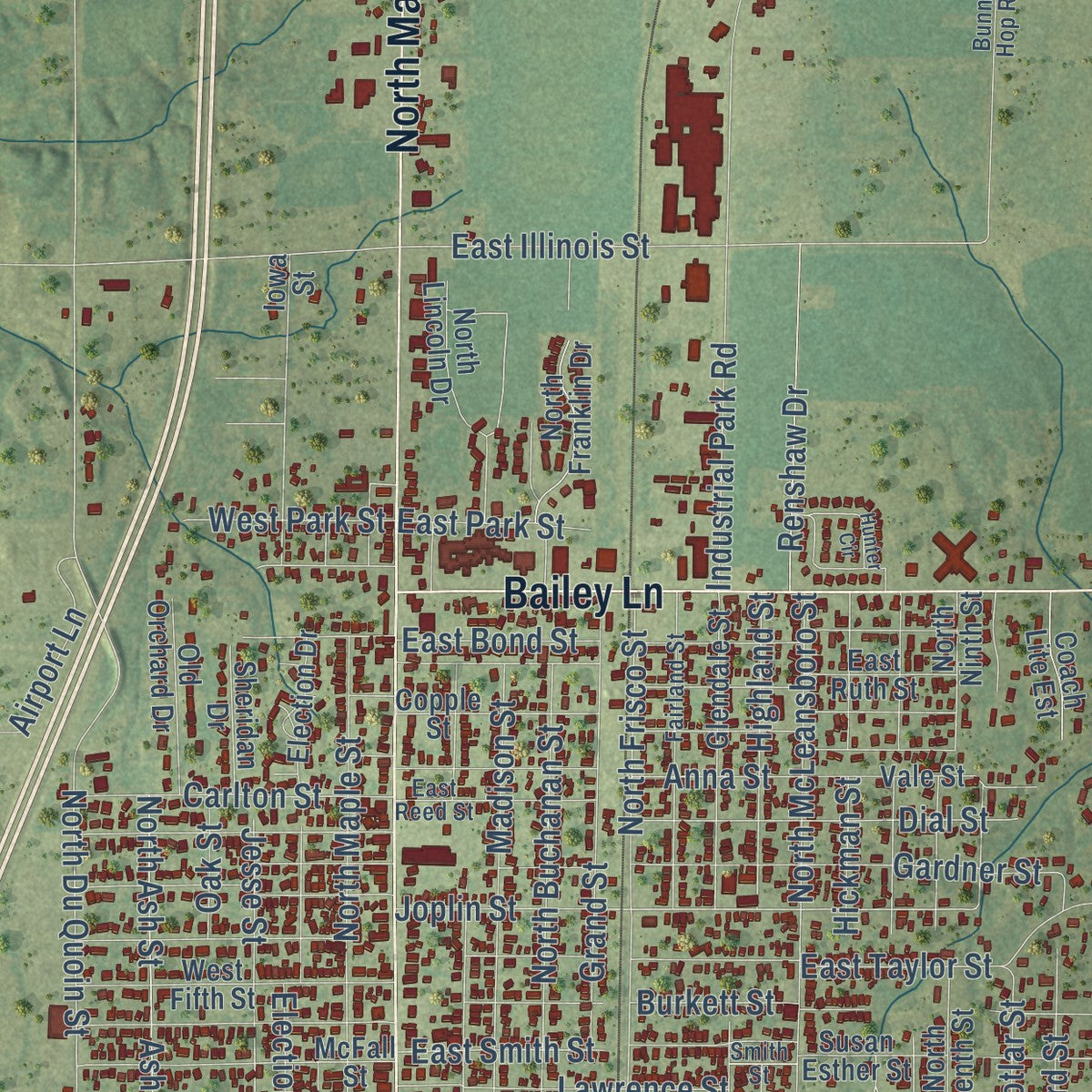 Close-up of the map of Benton, Illinois print showing street and building detail