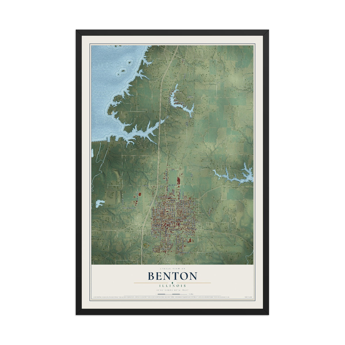 Map of Benton, Illinois, 12 x 18 inch print in a black wood frame