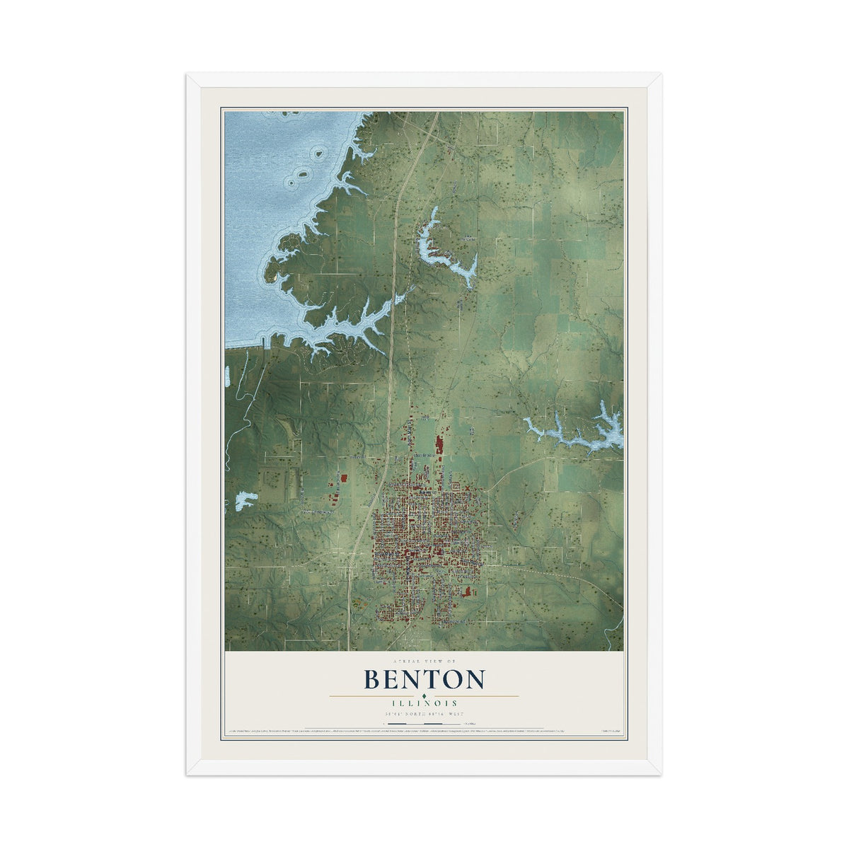 Map of Benton, Illinois, 12 x 18 inch print in a white wood frame