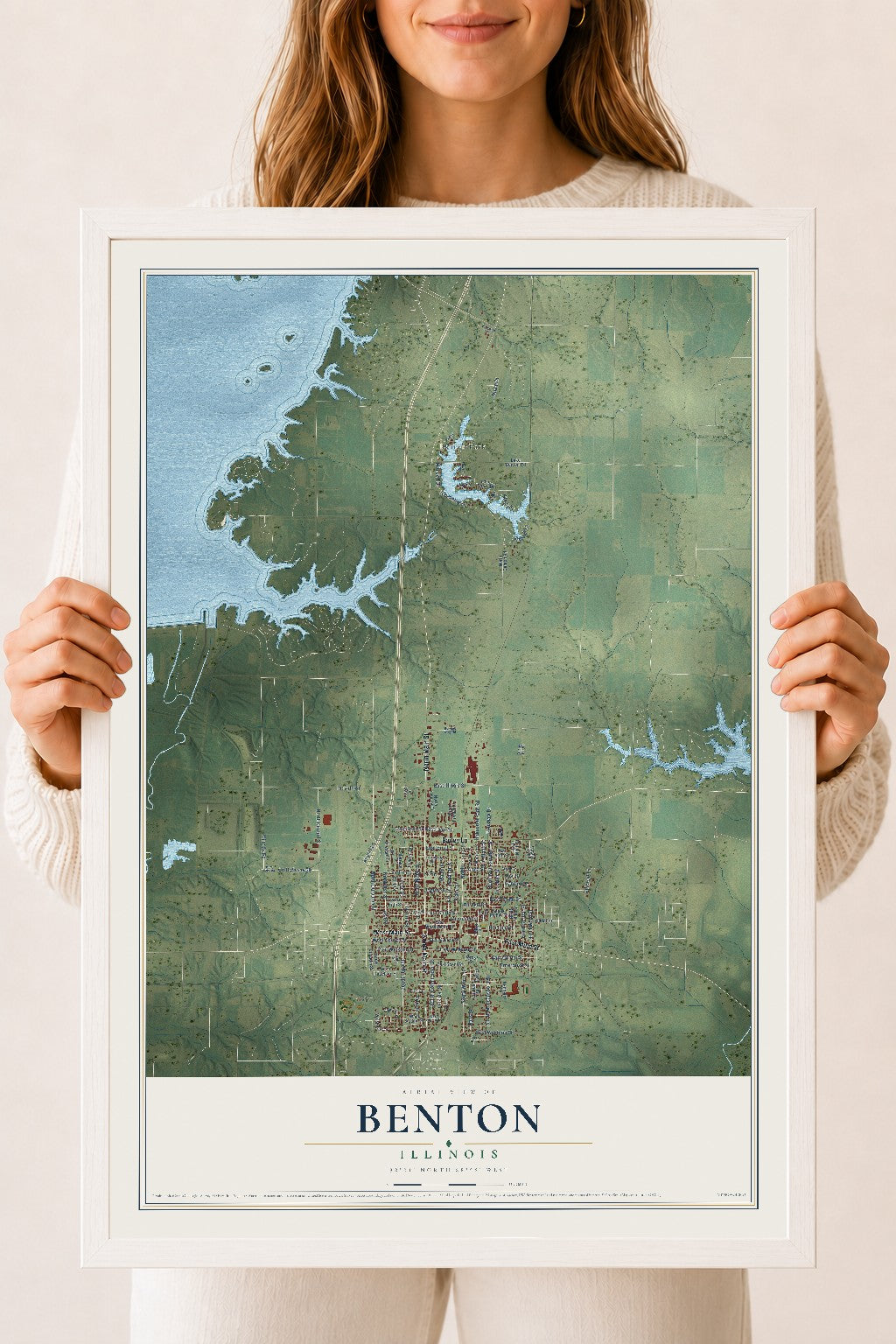 Map of Benton, Illinois, 18 x 24 inch print in a white wood frame