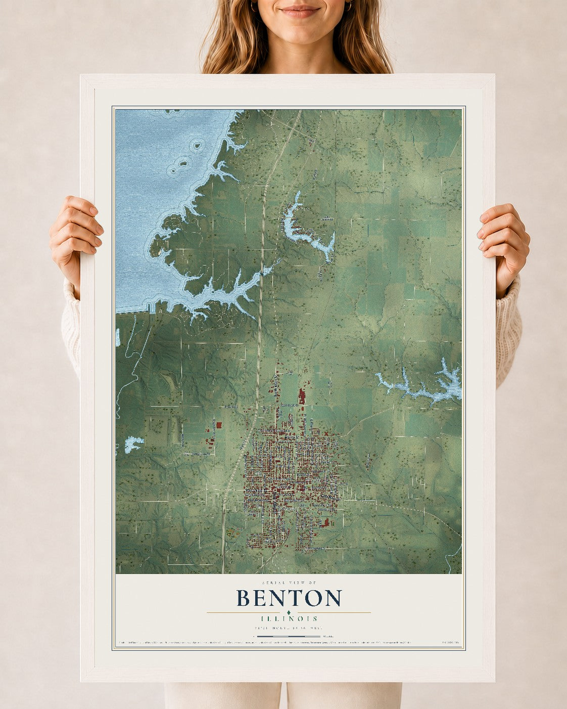 Map of Benton, Illinois, 24 x 36 inch print in a white wood frame