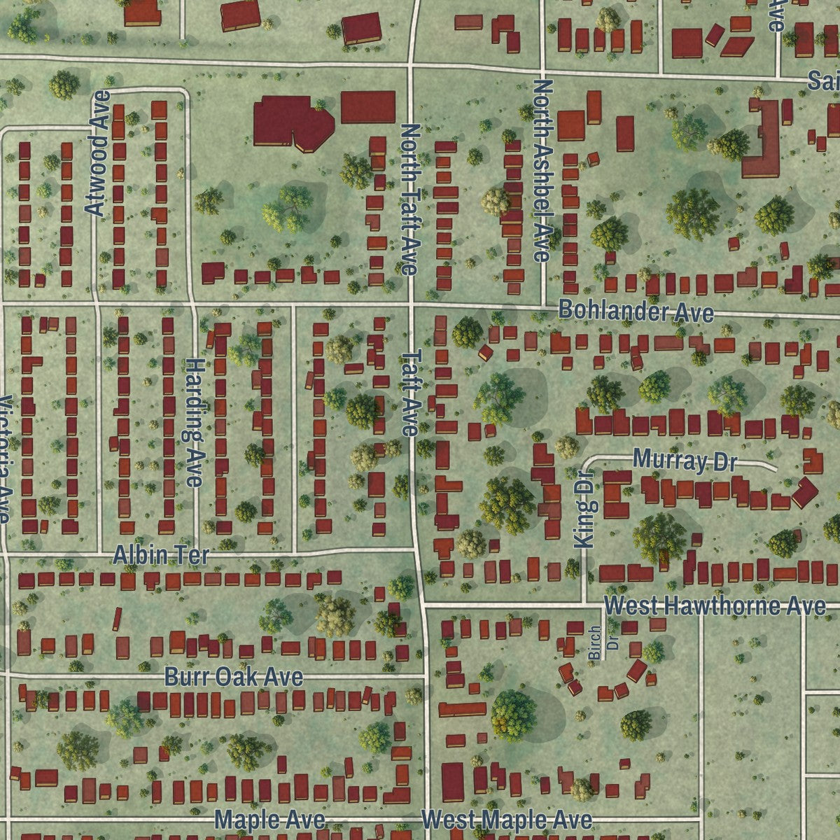 Close-up of the map of Berkeley, Illinois print showing street and building detail