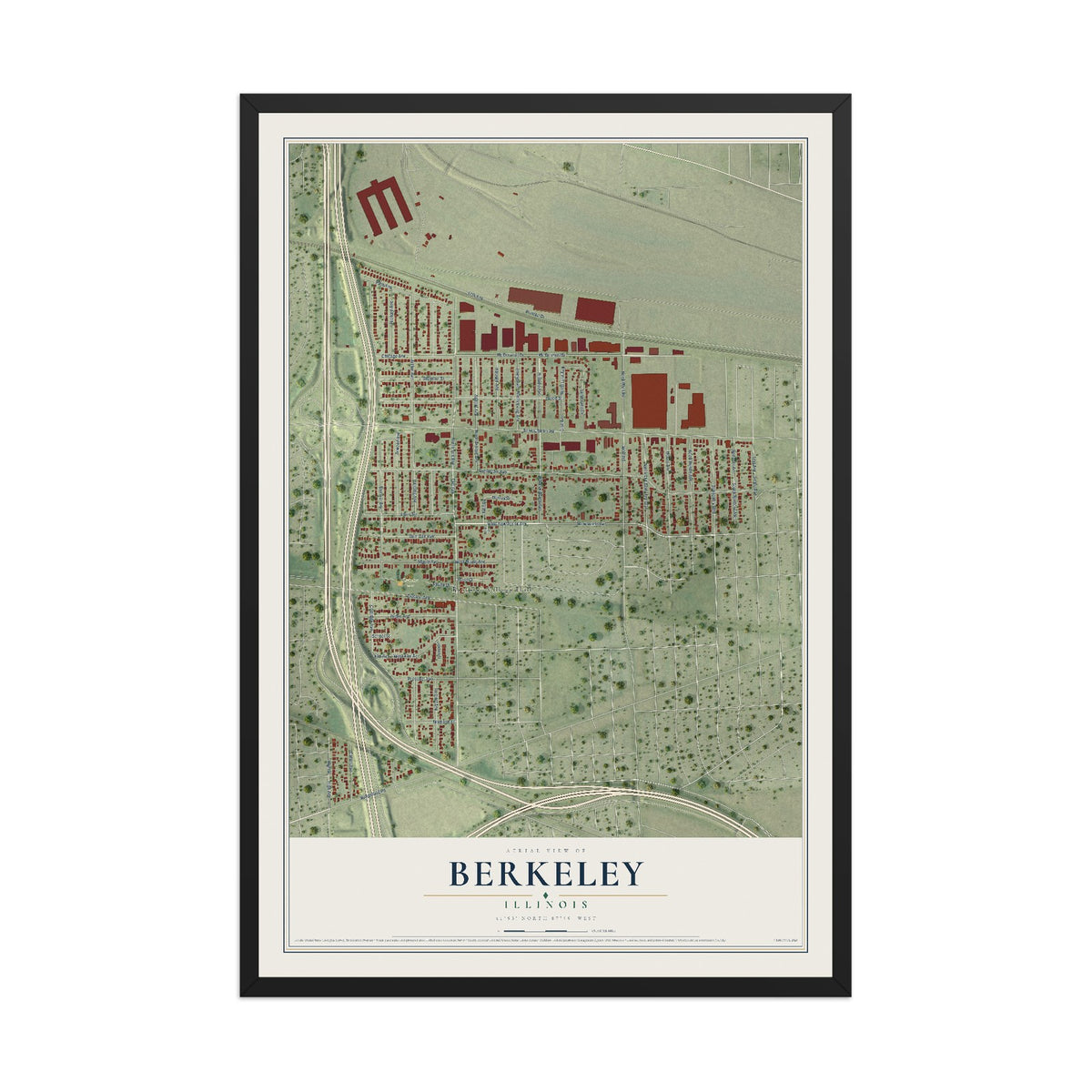 Map of Berkeley, Illinois, 12 x 18 inch print in a black wood frame