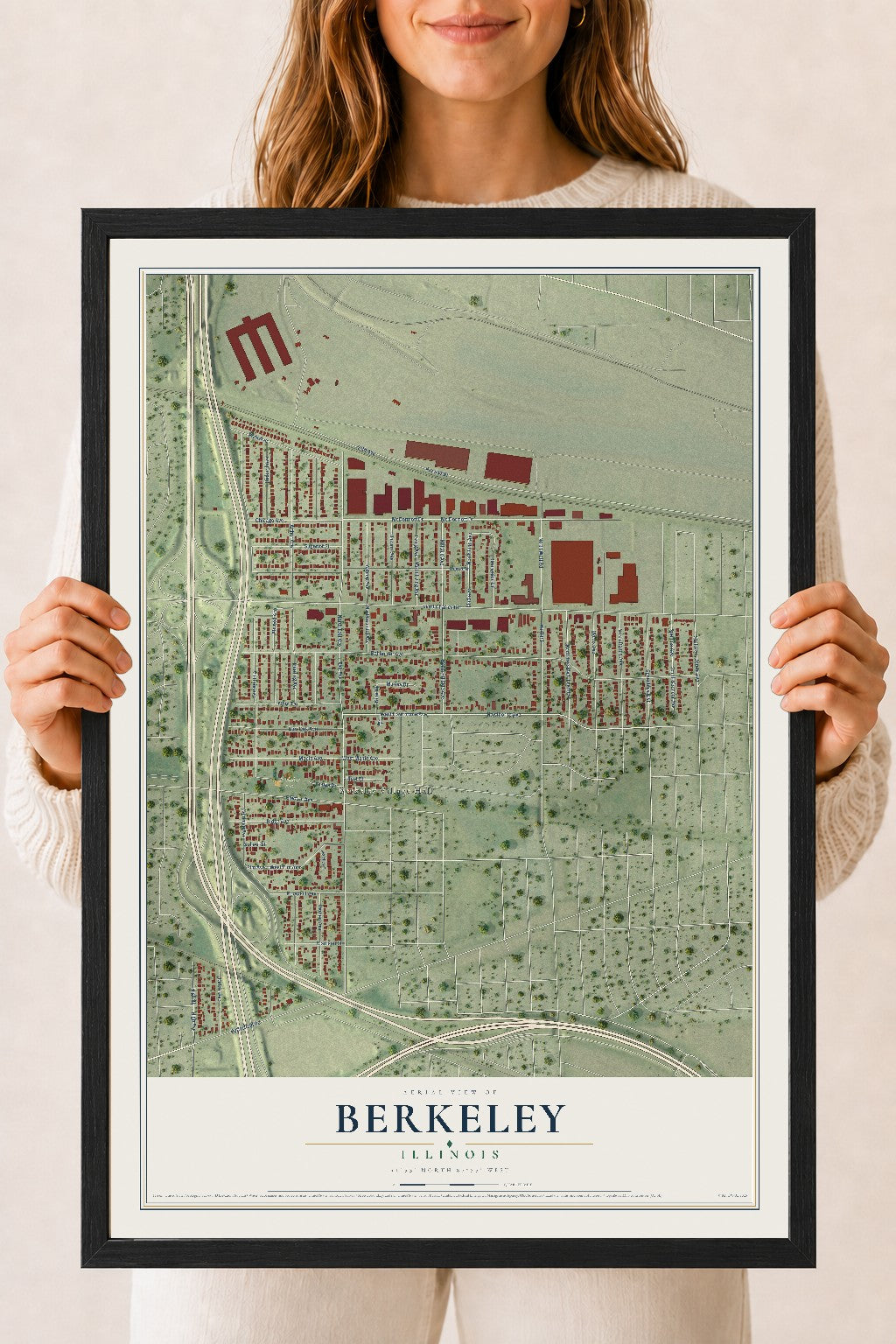 Map of Berkeley, Illinois, 18 x 24 inch print in a black wood frame