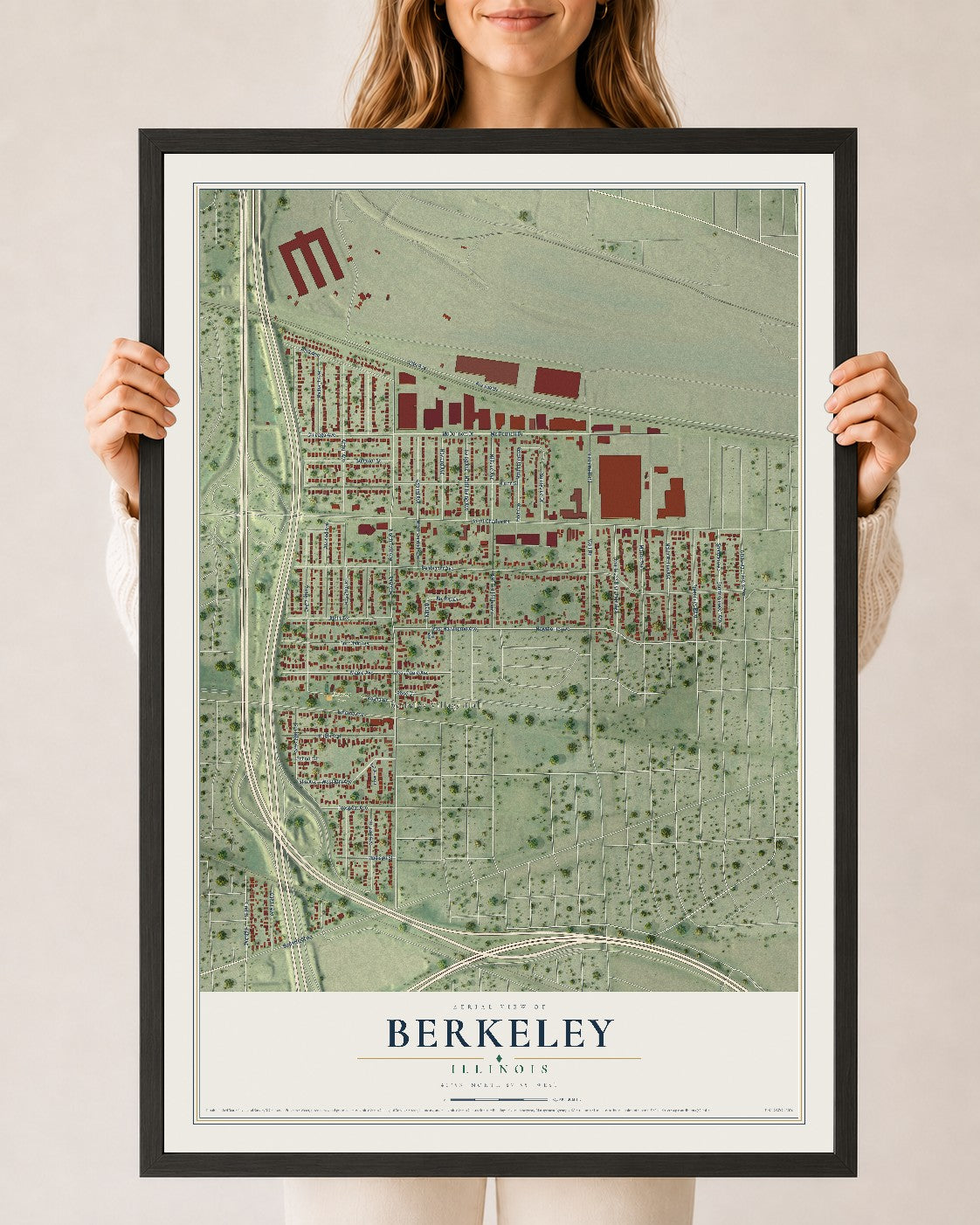 Map of Berkeley, Illinois, 24 x 36 inch print in a black wood frame