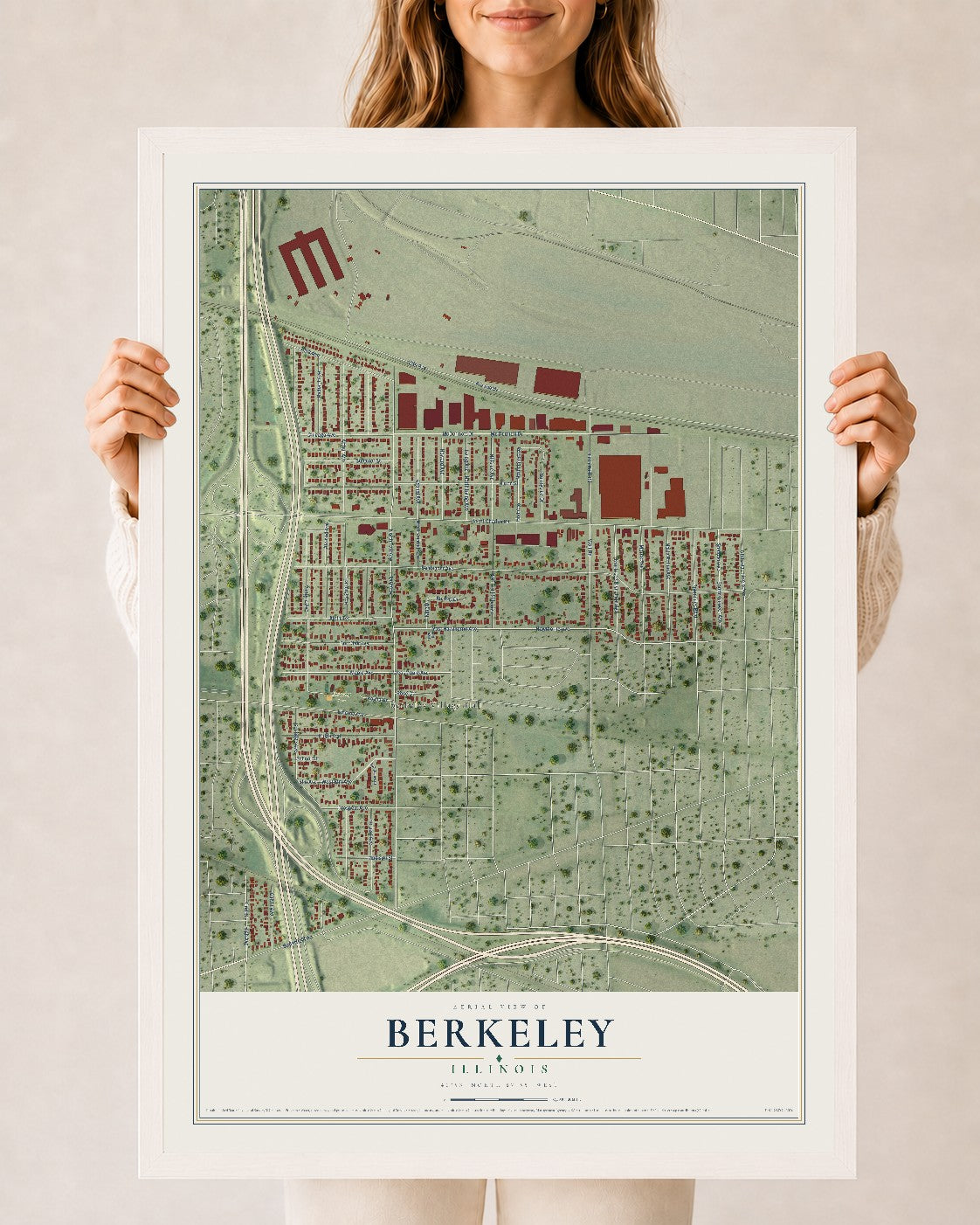 Map of Berkeley, Illinois, 24 x 36 inch print in a white wood frame