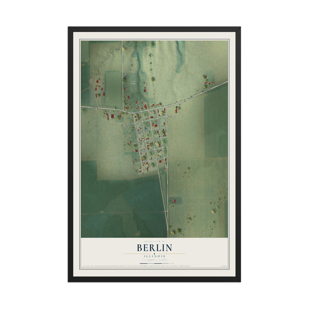 Map of Berlin, Illinois, 12 x 18 inch print in a black wood frame