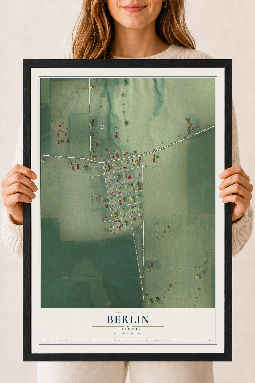 Map of Berlin, Illinois, 18 x 24 inch print in a black wood frame