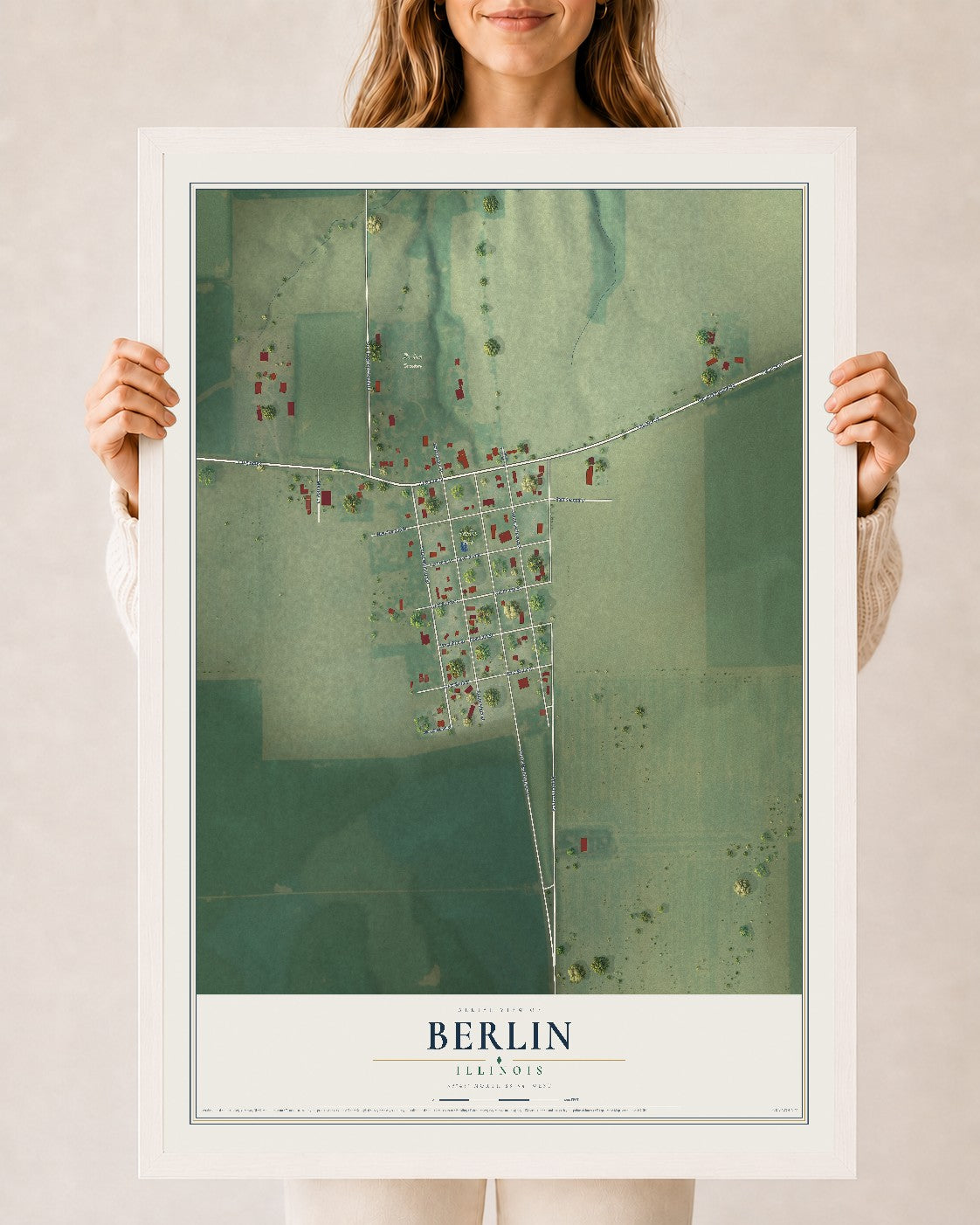Map of Berlin, Illinois, 24 x 36 inch print in a white wood frame