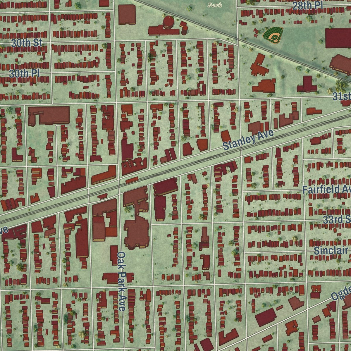 Second close-up of the map of Berwyn, Illinois print showing more streets and buildings