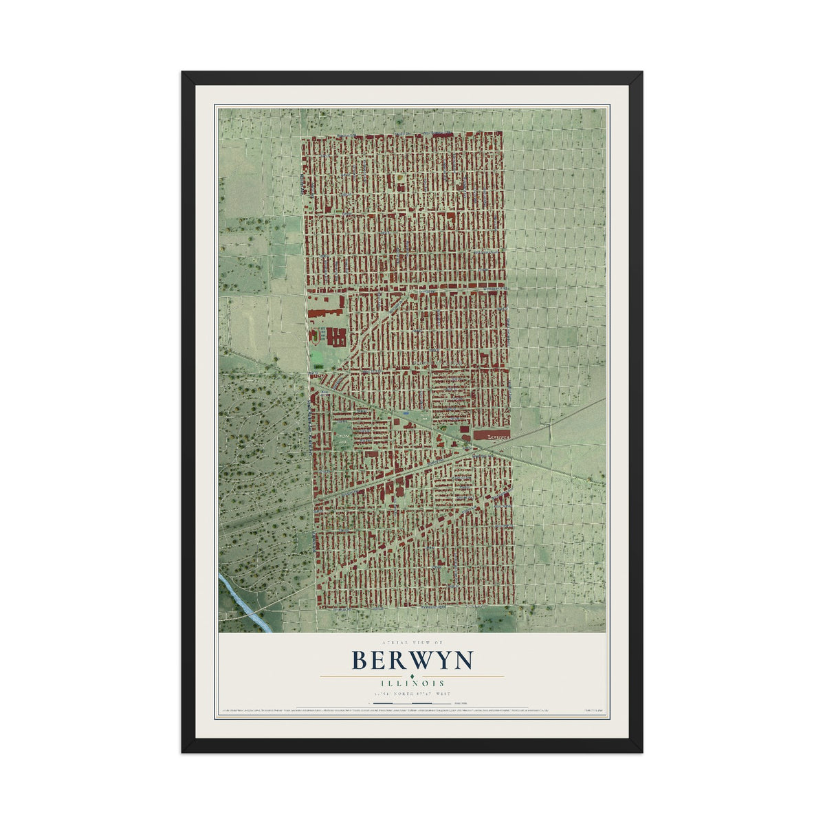 Map of Berwyn, Illinois, 12 x 18 inch print in a black wood frame