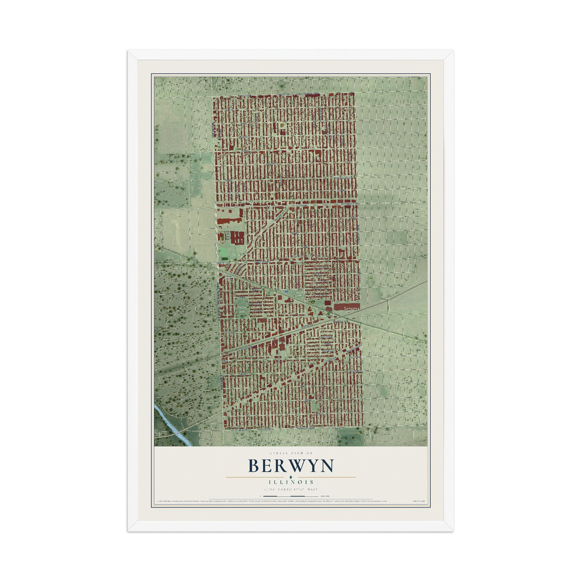 Map of Berwyn, Illinois, 12 x 18 inch print in a white wood frame