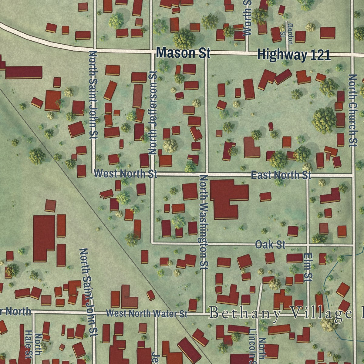 Second close-up of the map of Bethany, Illinois print showing more streets and buildings