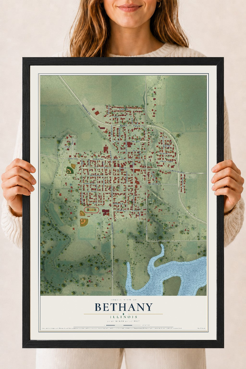 Map of Bethany, Illinois, 18 x 24 inch print in a black wood frame