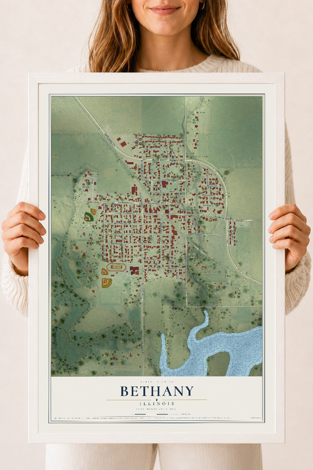 Map of Bethany, Illinois, 18 x 24 inch print in a white wood frame