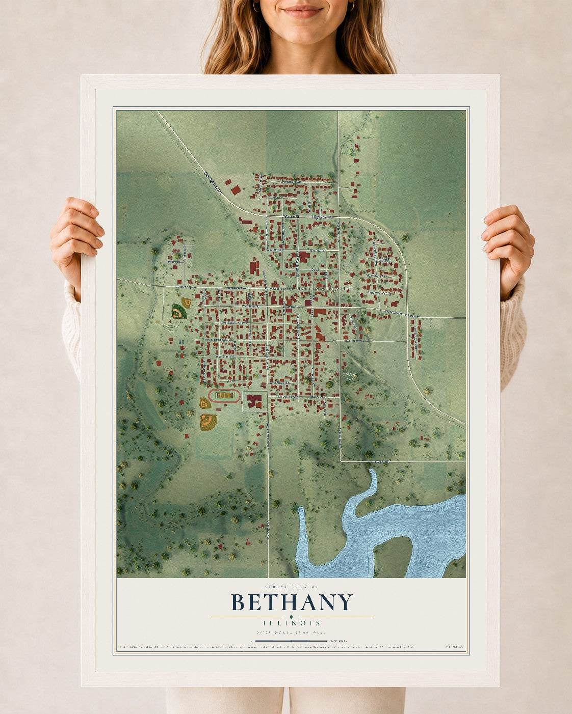 Map of Bethany, Illinois, 24 x 36 inch print in a white wood frame