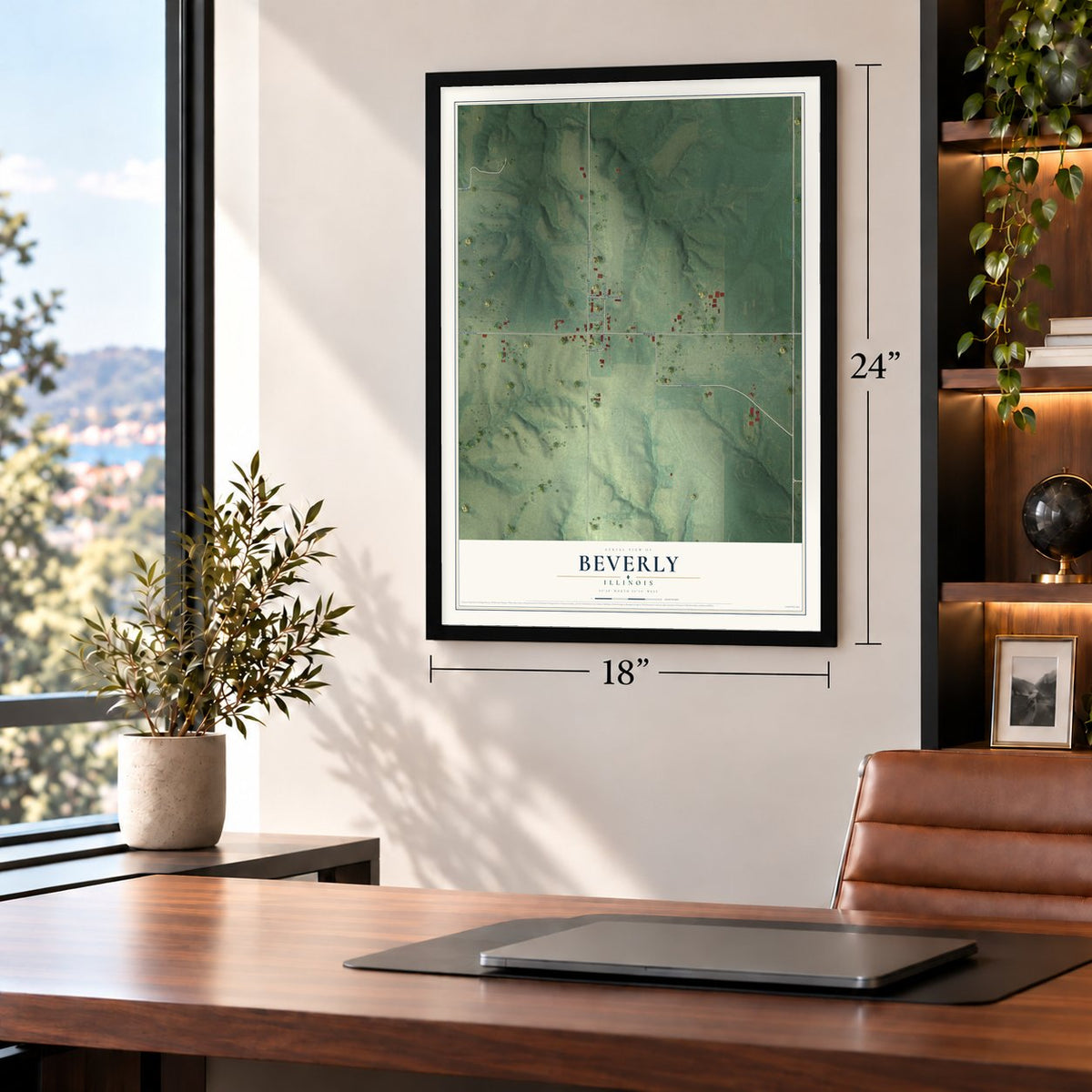 Beverly, Illinois map, 18 x 24 inch print in a black frame in a home office