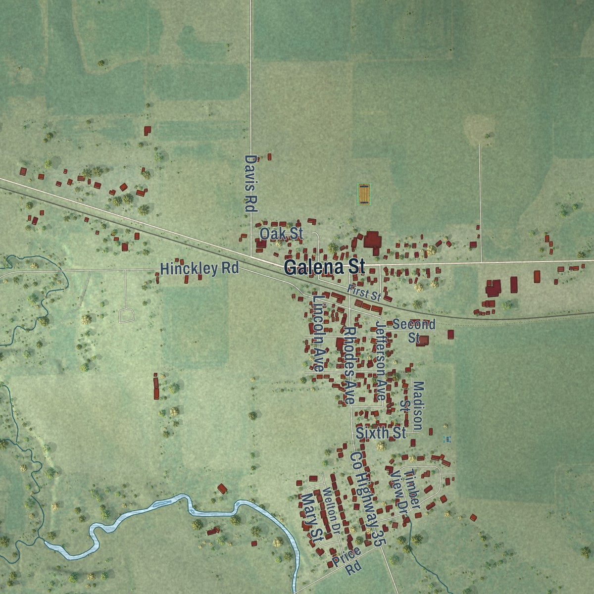 Close-up of the map of Big Rock, Illinois print showing street and building detail