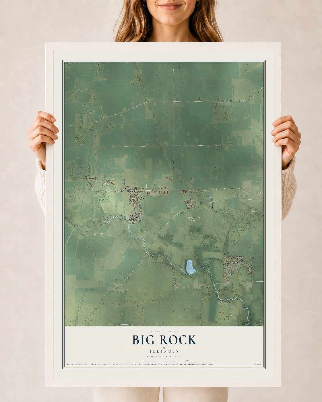 Map of Big Rock, Illinois, 24 x 36 inch print in a white wood frame