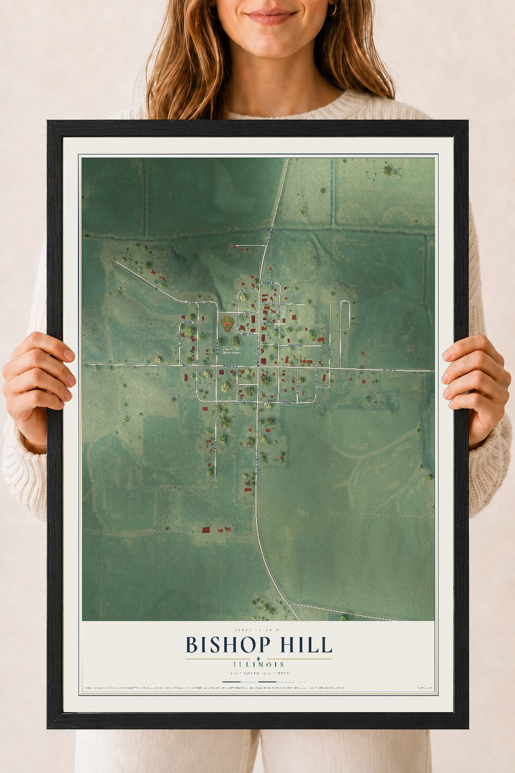 Map of Bishop Hill, Illinois, 18 x 24 inch print in a black wood frame