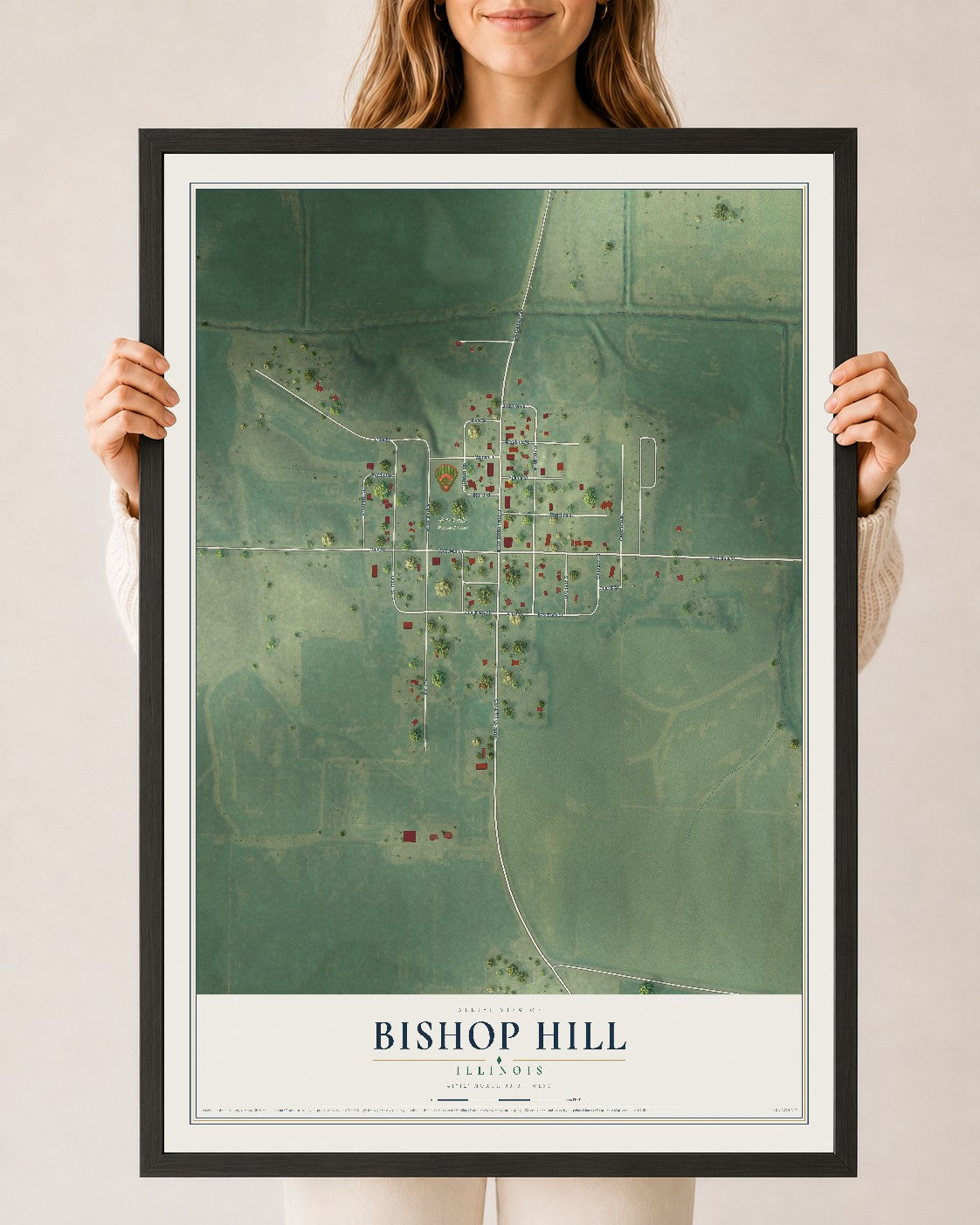 Map of Bishop Hill, Illinois, 24 x 36 inch print in a black wood frame