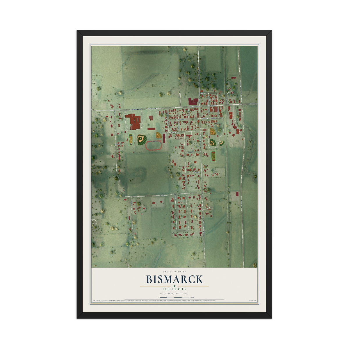 Map of Bismarck, Illinois, 12 x 18 inch print in a black wood frame