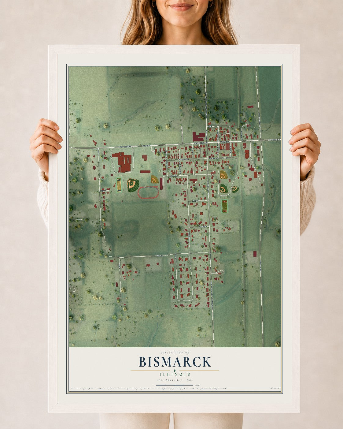 Map of Bismarck, Illinois, 24 x 36 inch print in a white wood frame
