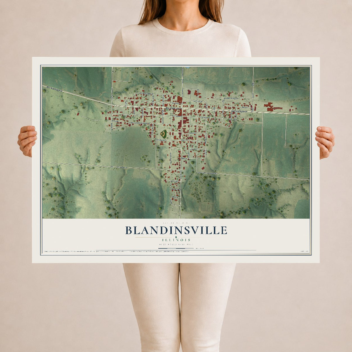 Map of Blandinsville, Illinois, 24 x 36 inch unframed archival matte print