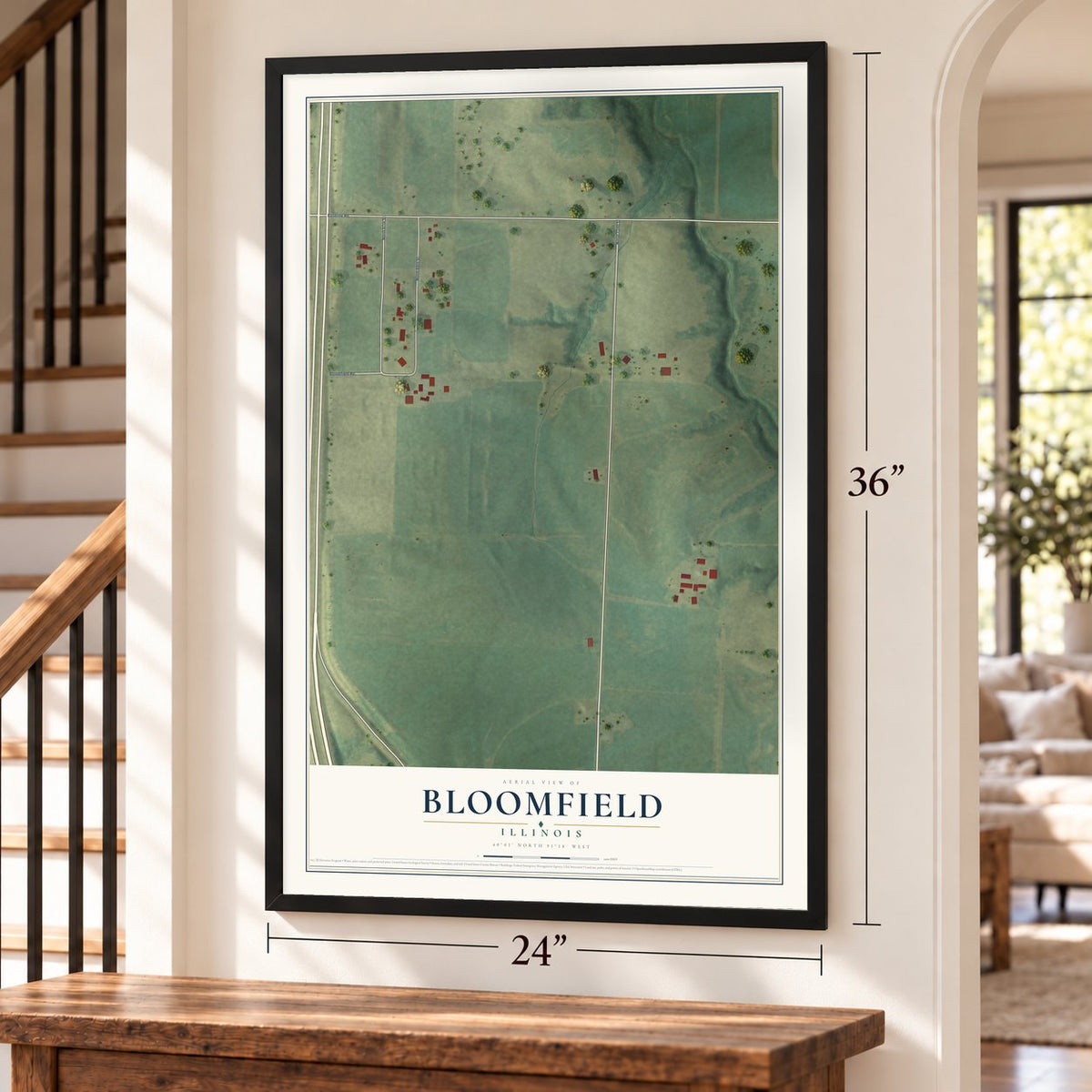 Bloomfield, Illinois map, 24 x 36 inch print in a black frame by a staircase