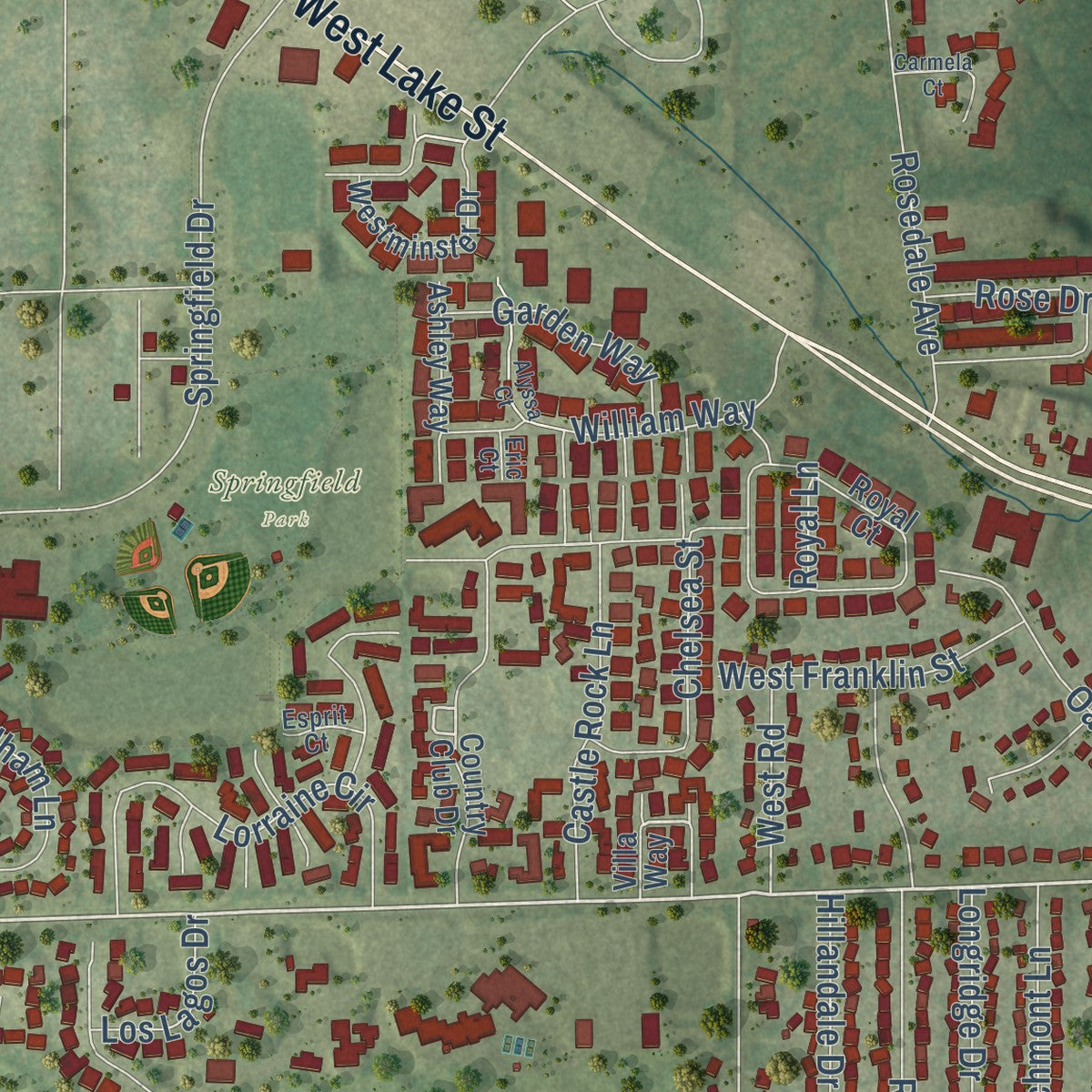 Second close-up of the map of Bloomingdale, Illinois print showing more streets and buildings