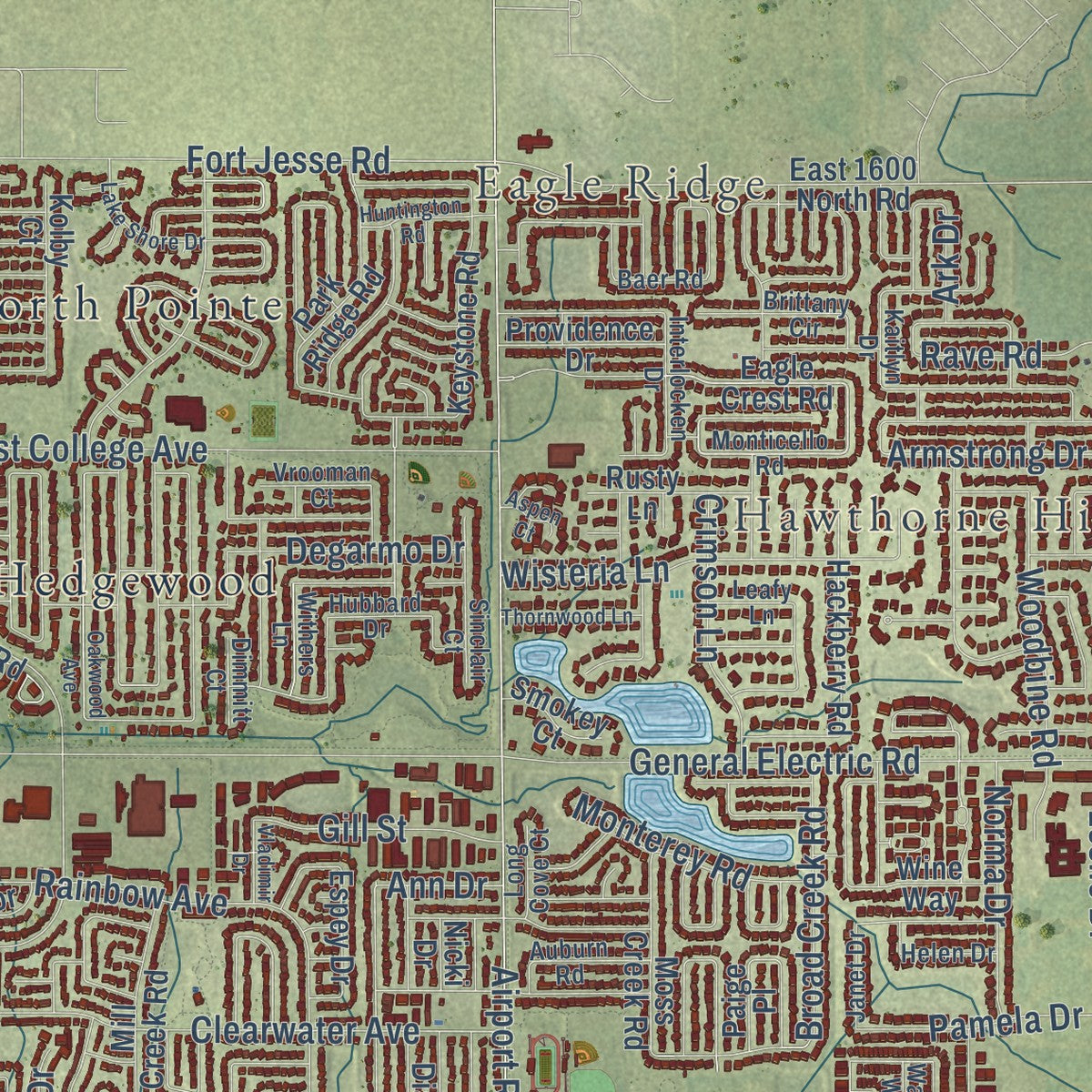Close-up of the map of Bloomington, Illinois print showing street and building detail