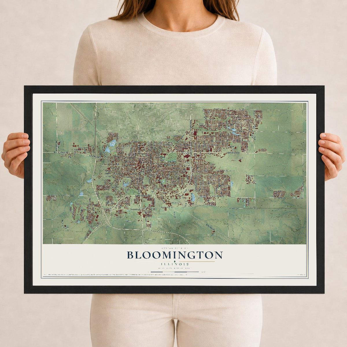 Map of Bloomington, Illinois, 12 x 18 inch print in a black wood frame