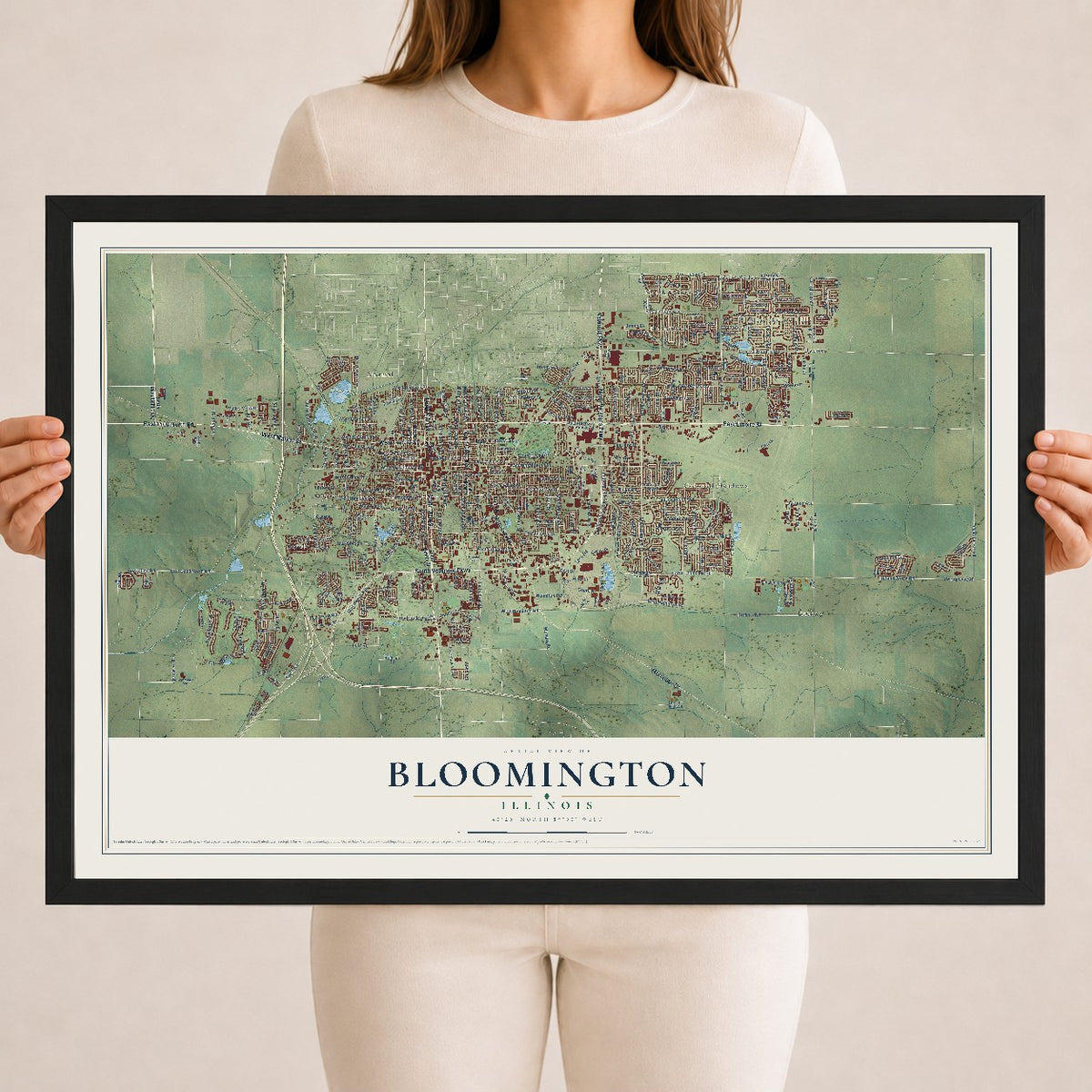 Map of Bloomington, Illinois, 18 x 24 inch print in a black wood frame