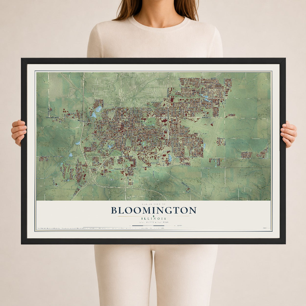 Map of Bloomington, Illinois, 24 x 36 inch print in a black wood frame