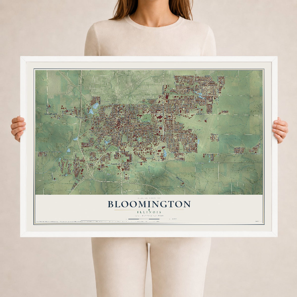 Map of Bloomington, Illinois, 24 x 36 inch print in a white wood frame