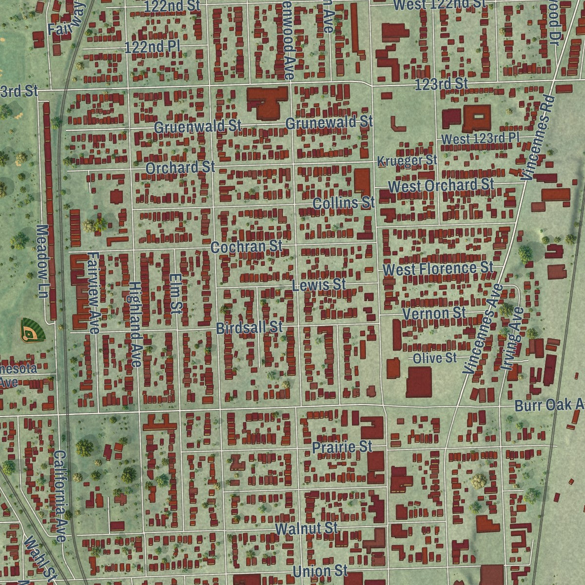 Close-up of the map of Blue Island, Illinois print showing street and building detail