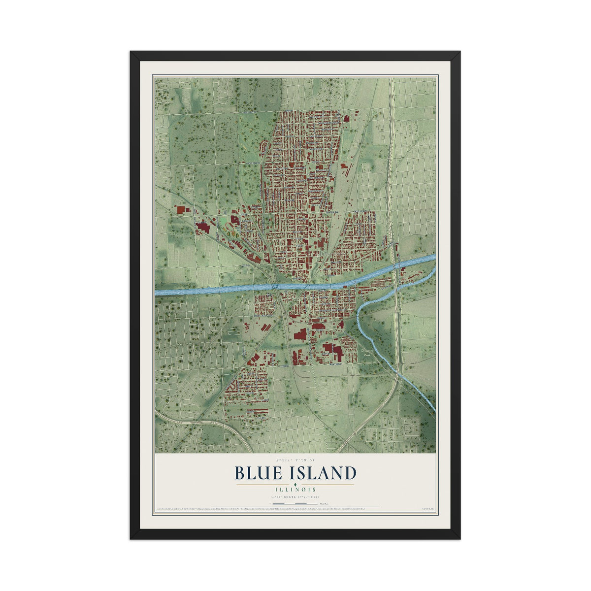 Map of Blue Island, Illinois, 12 x 18 inch print in a black wood frame