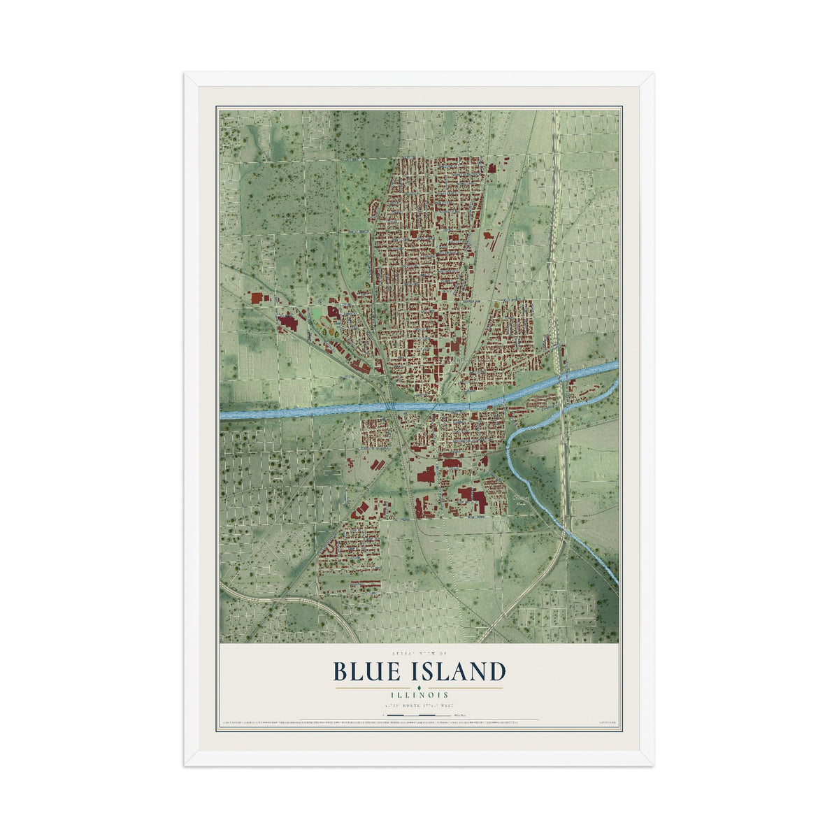 Map of Blue Island, Illinois, 12 x 18 inch print in a white wood frame