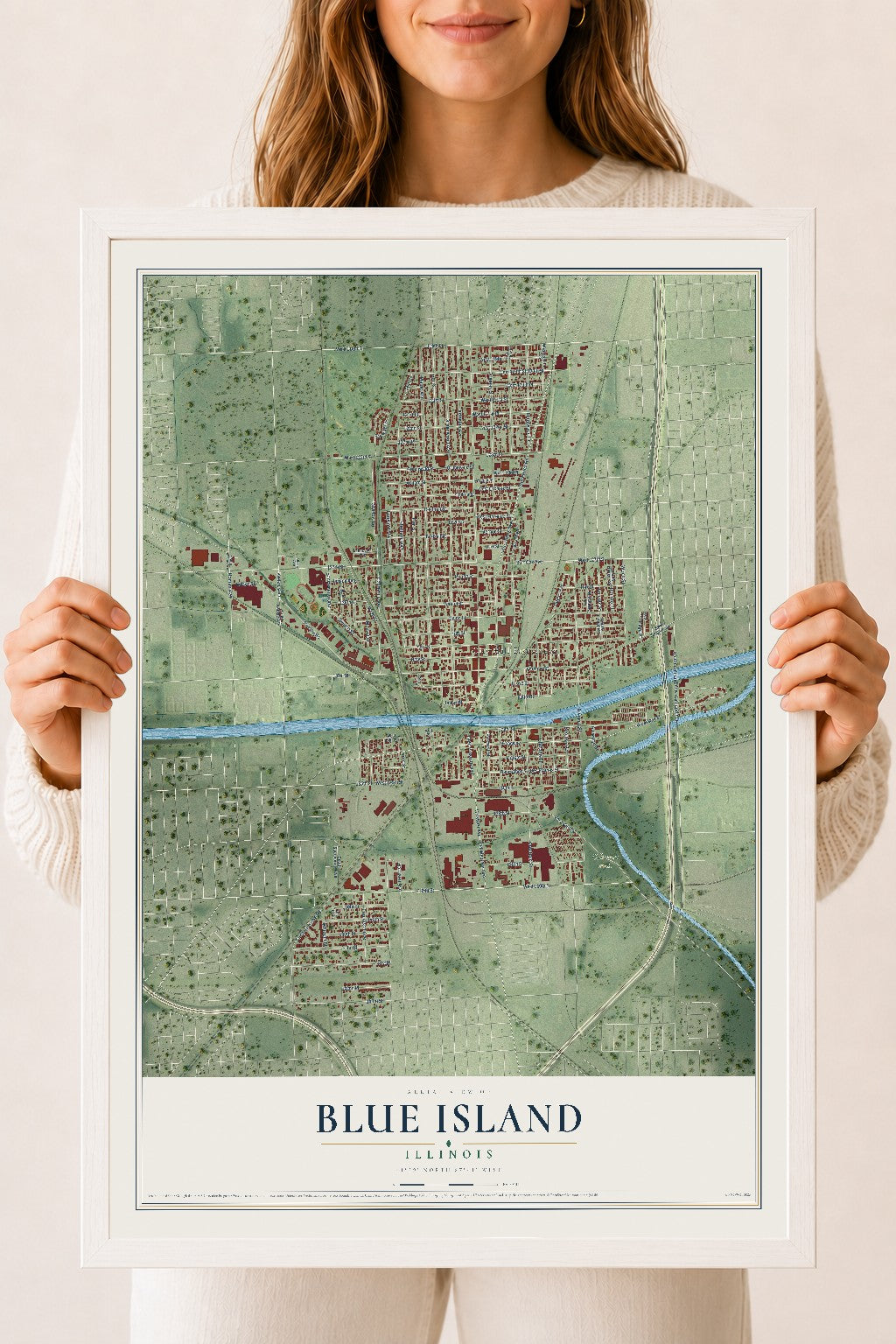 Map of Blue Island, Illinois, 18 x 24 inch print in a white wood frame