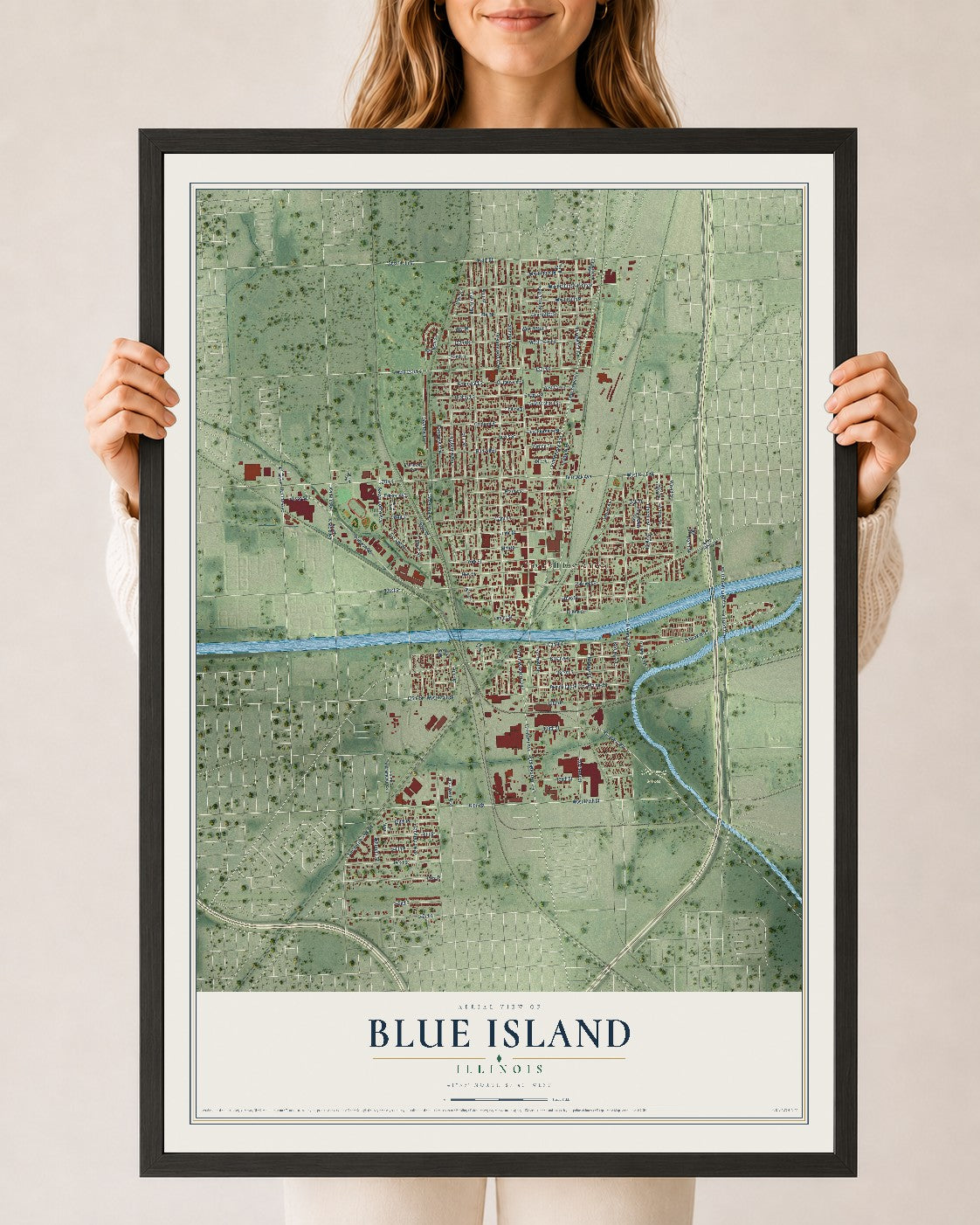 Map of Blue Island, Illinois, 24 x 36 inch print in a black wood frame