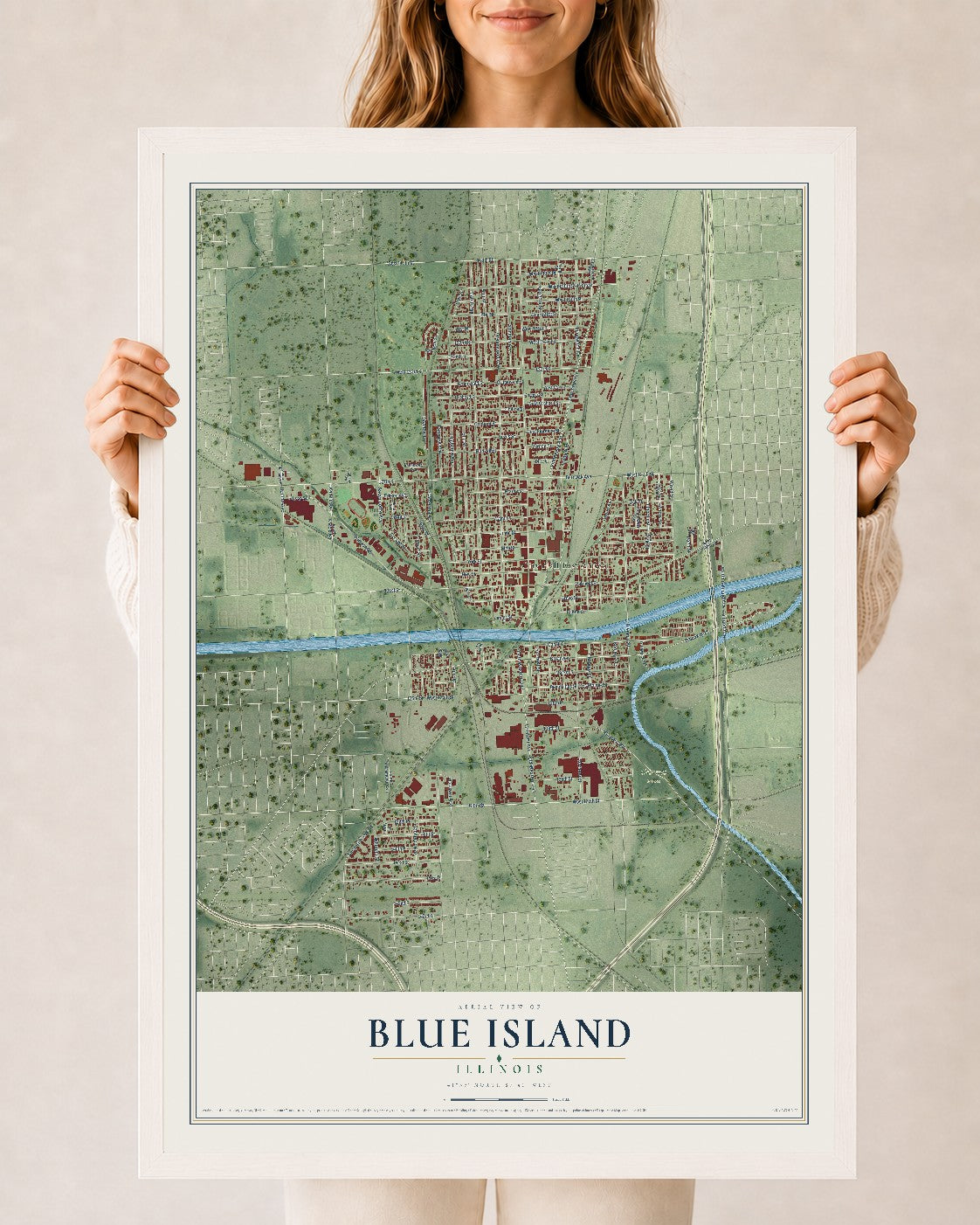 Map of Blue Island, Illinois, 24 x 36 inch print in a white wood frame