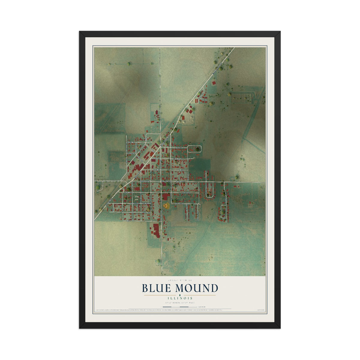 Map of Blue Mound, Illinois, 12 x 18 inch print in a black wood frame