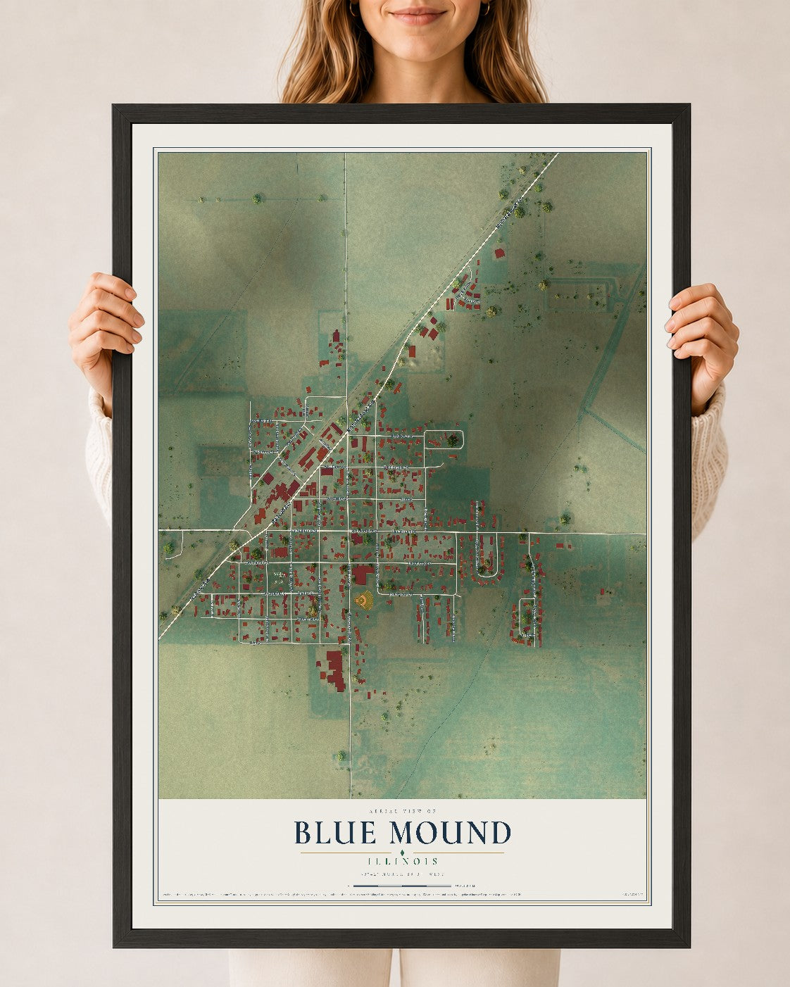 Map of Blue Mound, Illinois, 24 x 36 inch print in a black wood frame