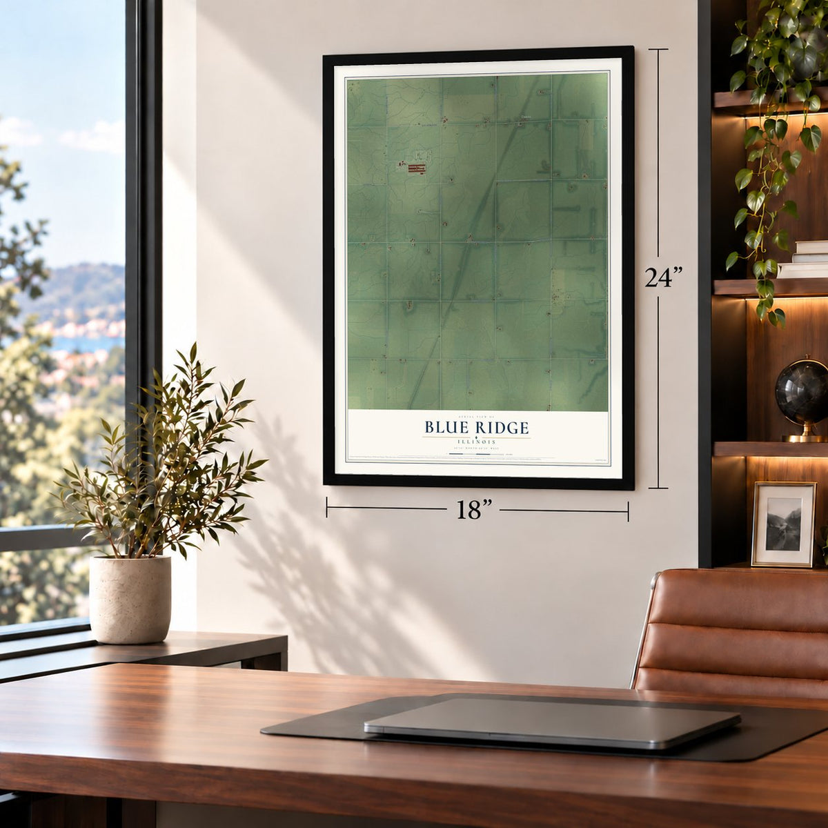Blue Ridge, Illinois map, 18 x 24 inch print in a black frame in a home office
