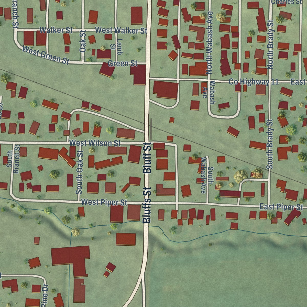 Close-up of the map of Bluffs, Illinois print showing street and building detail
