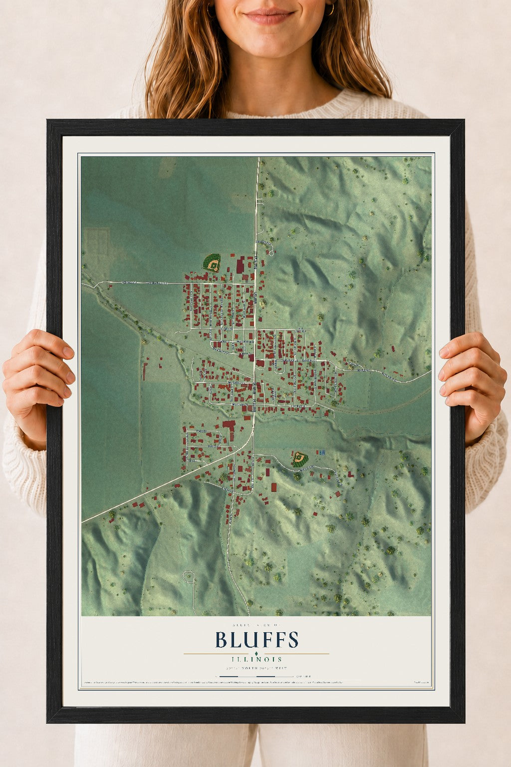 Map of Bluffs, Illinois, 18 x 24 inch print in a black wood frame