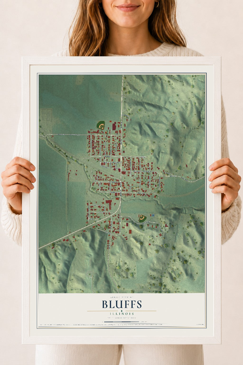 Map of Bluffs, Illinois, 18 x 24 inch print in a white wood frame